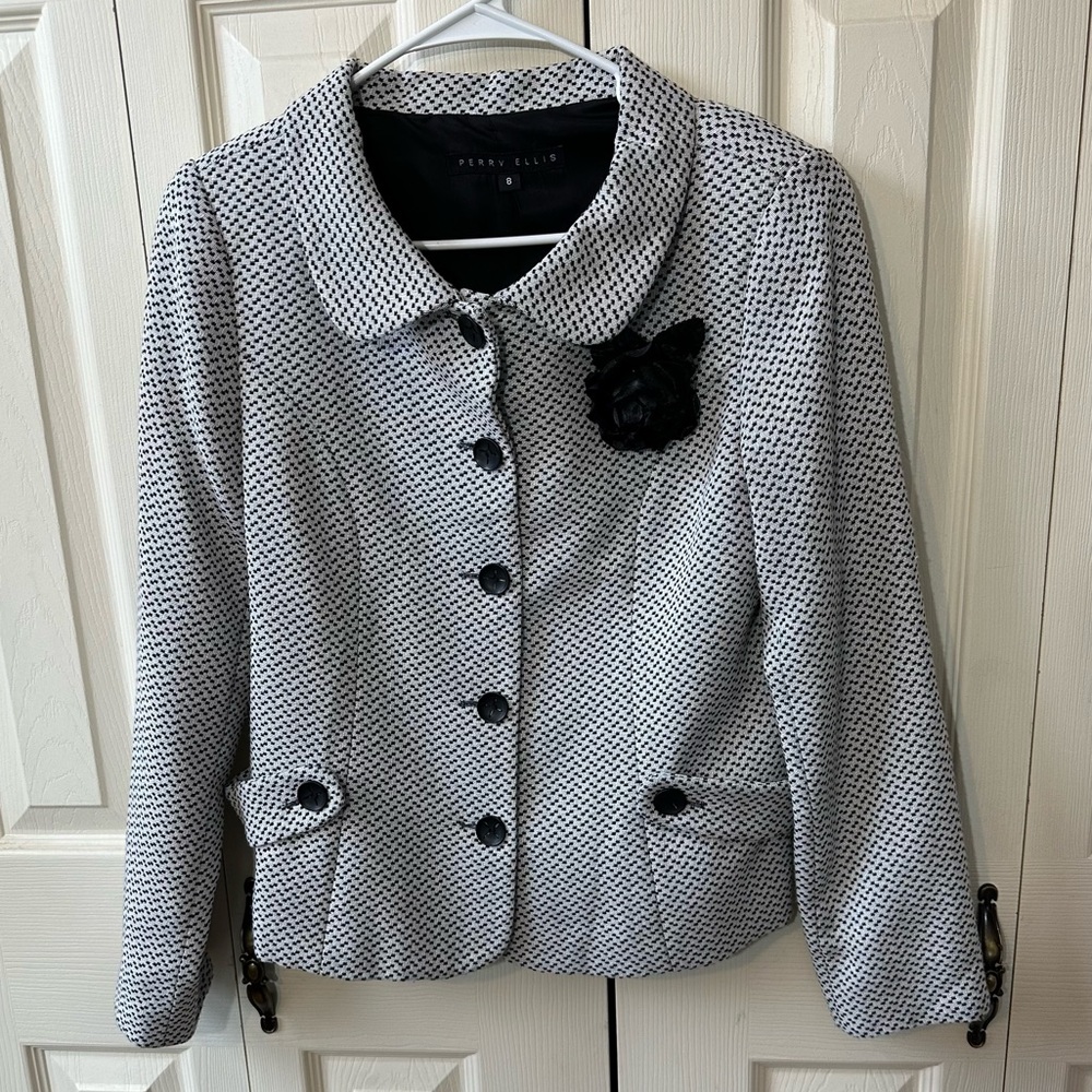 Perry Ellis Blazer Jacket Black Rose Lapel Black Silver Knit Womens Size 8